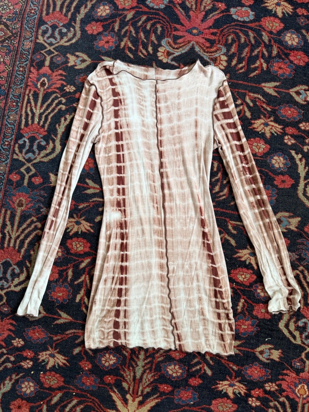 Women's Tie-Dye Long Sleeve Bodycon Dress - Beige and Brown